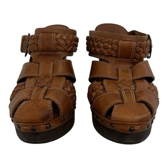 Frye Womens Size 8.5 Woven Leather Sandals Brown Wood Heel Boho Platform Clogs - Picture 2 of 8